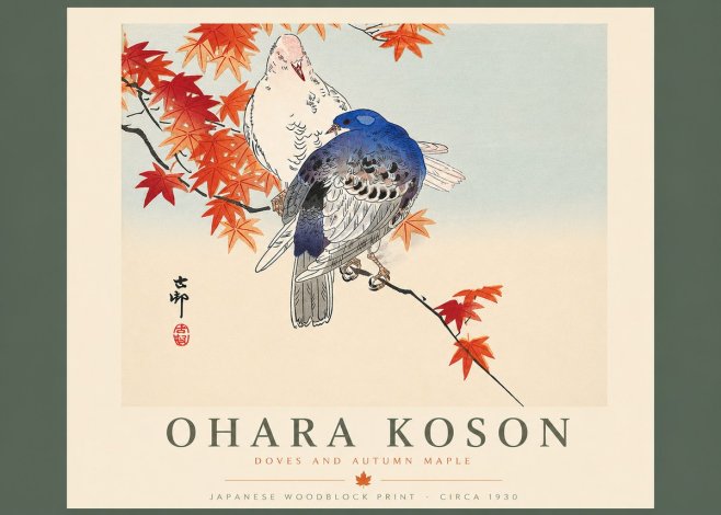 Ohara Koson Doves and Autumn Maple No4 - Plakát