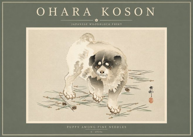 Ohara Koson Puppy Among Pine Needles No4 - Plakát