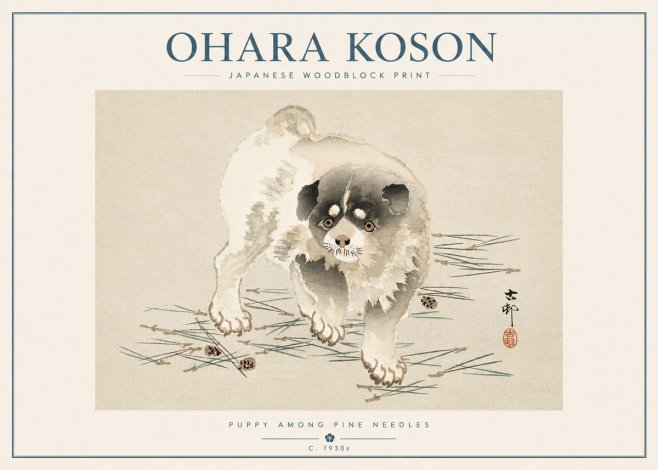 Ohara Koson Puppy Among Pine Needles No5 - Plakát