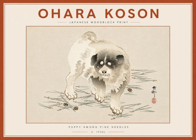 Ohara Koson Puppy Among Pine Needles No6 - Plakát