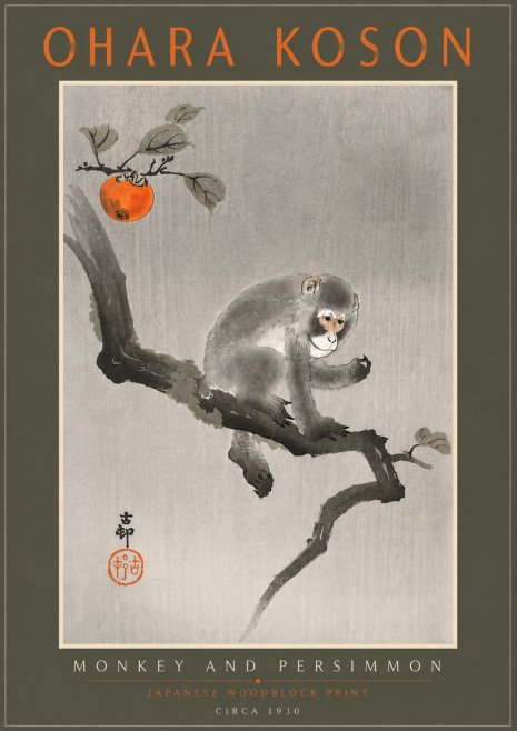Ohara Koson Monkey and Persimmon No5 - Plakát