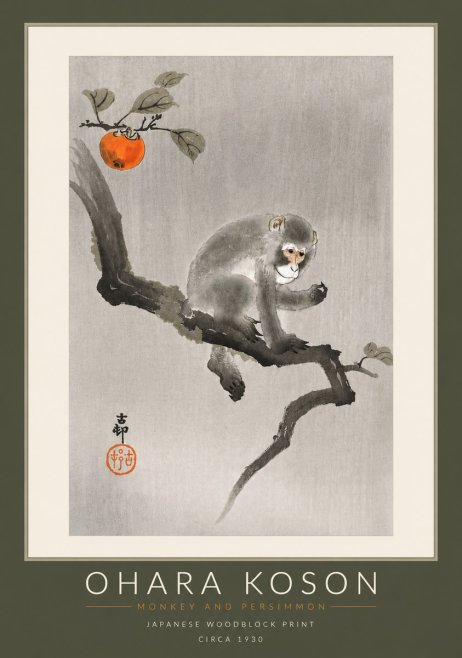 Ohara Koson Monkey and Persimmon No6 - Plakát