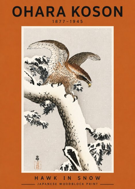 Ohara Koson Hawk in Snow No4 - Plakát