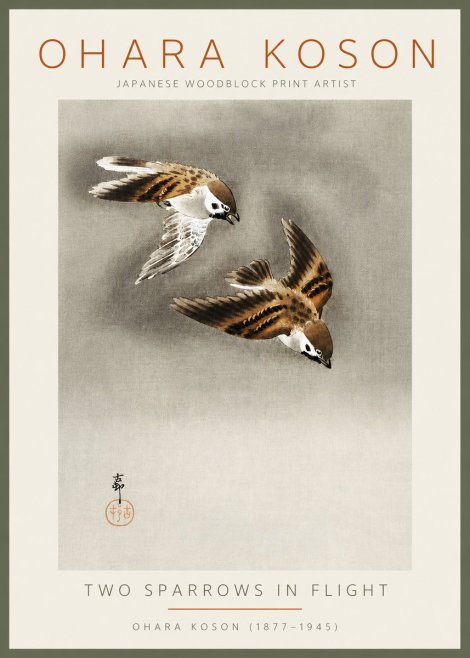 Ohara Koson Two Sparrows in Flight No2 - Plakát