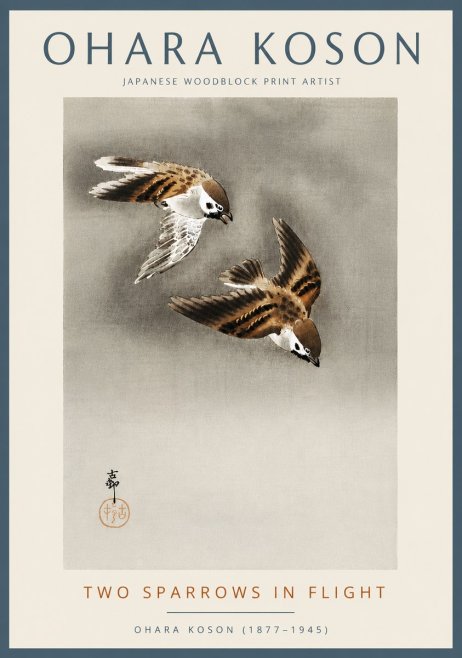 Ohara Koson Two Sparrows in Flight No5 - Plakát