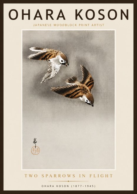 Ohara Koson Two Sparrows in Flight No6 - Plakát