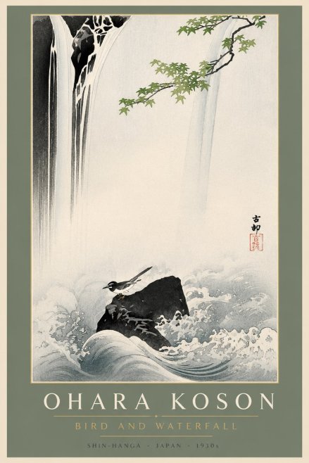 Ohara Koson Bird and Waterfall No2 - Plakát