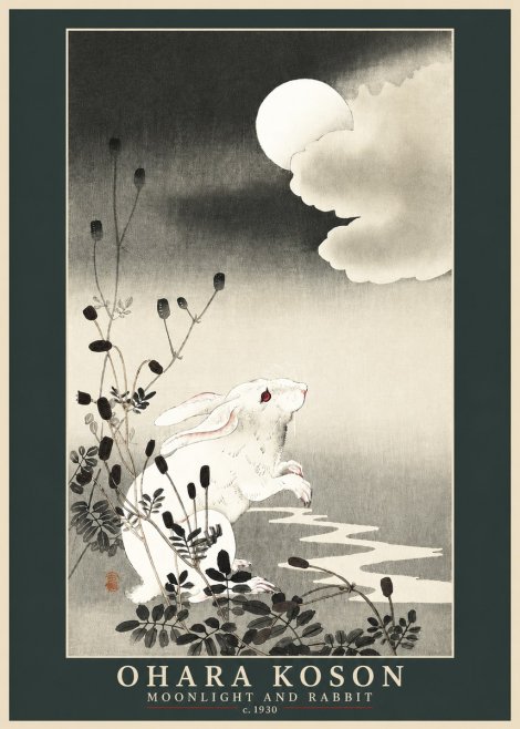Ohara Koson Moonlight and Rabbit No3 - Plakát