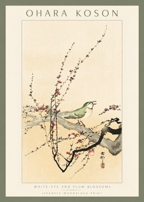 Ohara Koson White-eye and Plum Blossoms No2 - Plakát