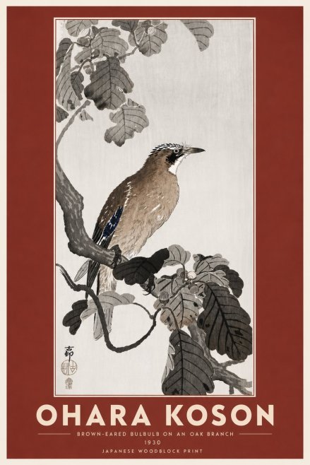 Ohara Koson Brown-eared Bulbul on an Oak Branch No6 - Plakát