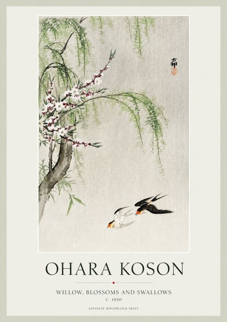 Ohara Koson Willow, Blossoms and Swallows No1 - Plakát