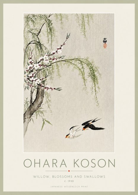 Ohara Koson Willow, Blossoms and Swallows No3 - Plakát