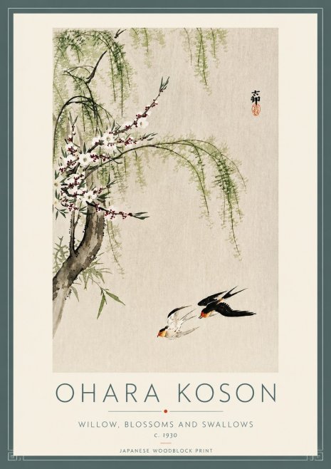 Ohara Koson Willow, Blossoms and Swallows No4 - Plakát