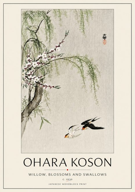 Ohara Koson Willow, Blossoms and Swallows No5 - Plakát