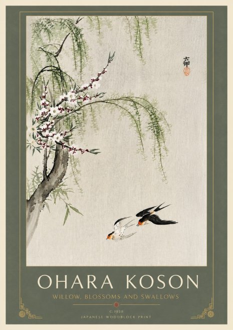 Ohara Koson Willow, Blossoms and Swallows No6 - Plakát