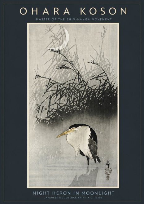 Ohara Koson Night Heron in Moonlight No2 - Plakát
