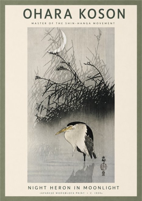 Ohara Koson Night Heron in Moonlight No4 - Plakát