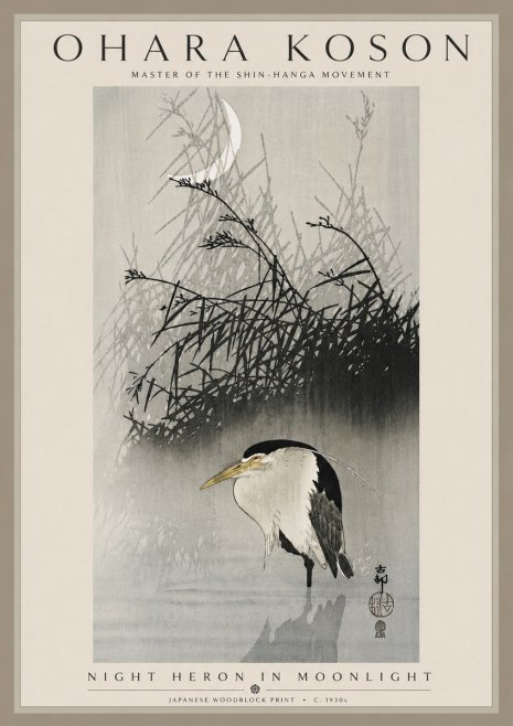 Ohara Koson Night Heron in Moonlight No5 - Plakát