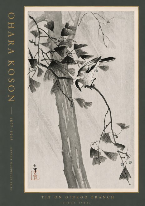 Ohara Koson Tit on Ginkgo Branch No4 - Plakát