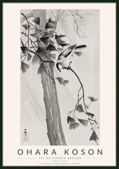 Ohara Koson Tit on Ginkgo Branch No5 - Plakát