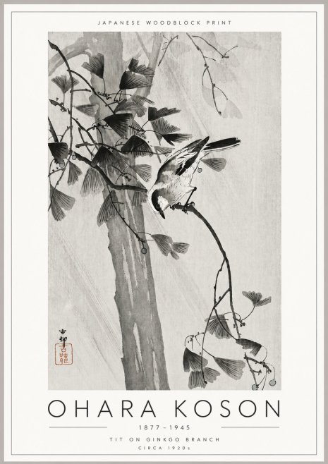 Ohara Koson Tit on Ginkgo Branch No6 - Plakát