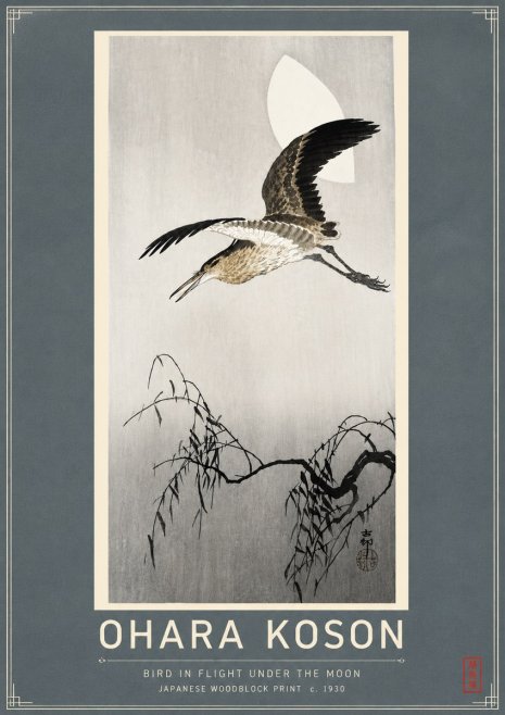 Ohara Koson Bird in Flight Under the Moon No4 - Plakát