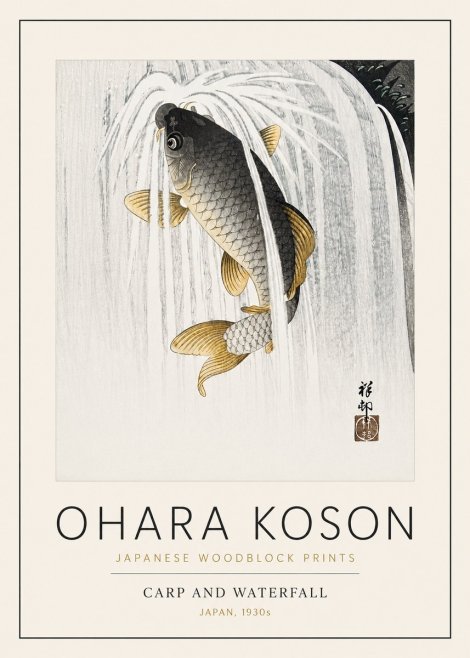 Ohara Koson Carp and Waterfall No3 - Plakát