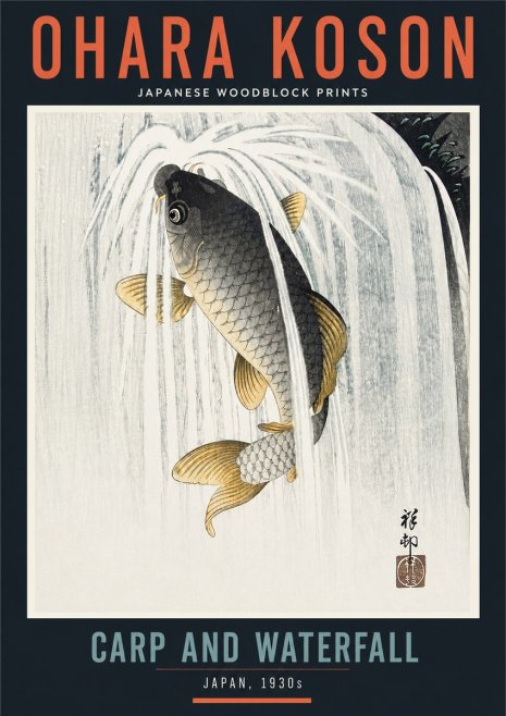 Ohara Koson Carp and Waterfall No4 - Plakát