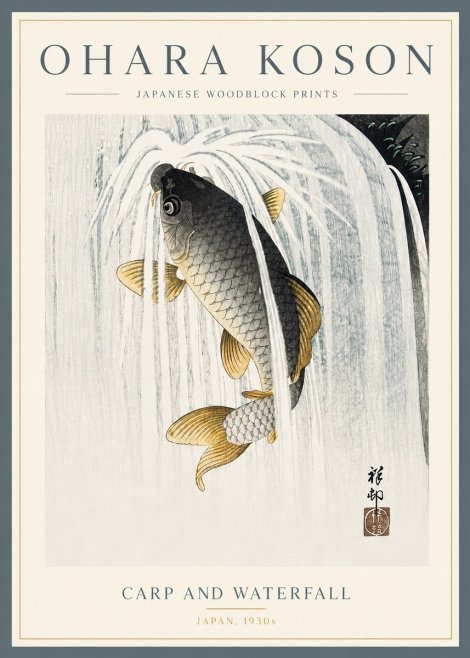 Ohara Koson Carp and Waterfall No5 - Plakát