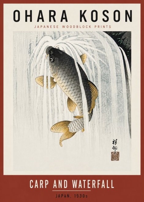 Ohara Koson Carp and Waterfall No6 - Plakát