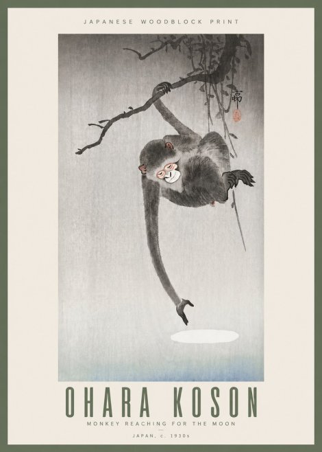 Ohara Koson Monkey Reaching for the Moon No3 - Plakát