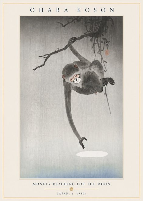 Ohara Koson Monkey Reaching for the Moon No4 - Plakát