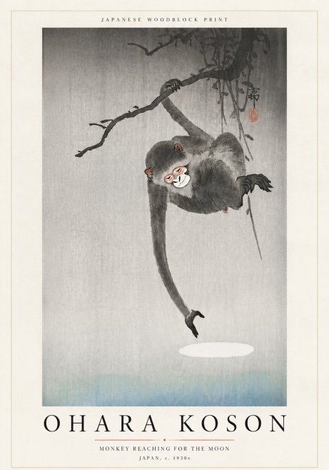 Ohara Koson Monkey Reaching for the Moon No6 - Plakát