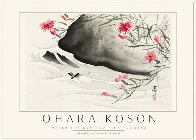 Ohara Koson Water Strider and Pink Flowers No3 - Plakát