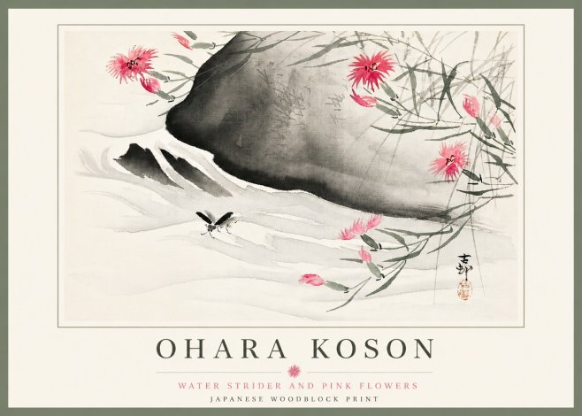 Ohara Koson Water Strider and Pink Flowers No5 - Plakát