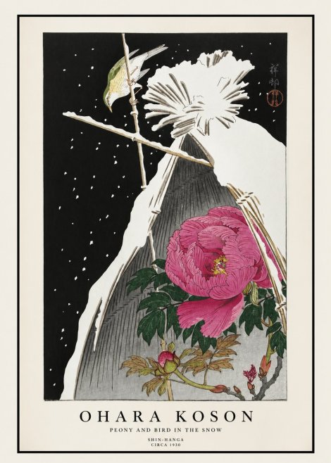 Ohara Koson Peony and Bird in the Snow No1 - Plakát