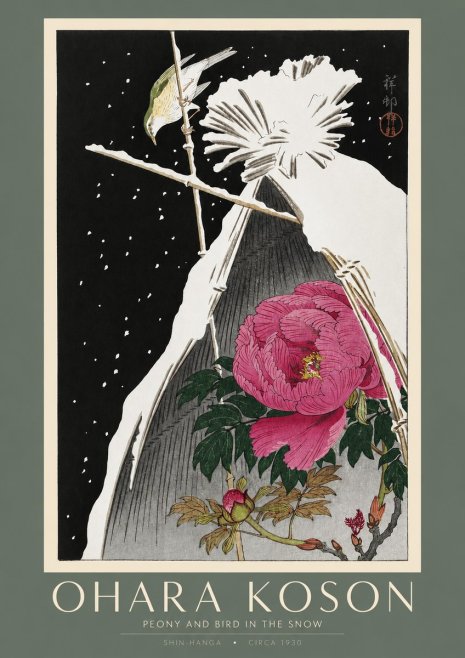 Ohara Koson Peony and Bird in the Snow No2 - Plakát