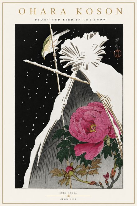 Ohara Koson Peony and Bird in the Snow No4 - Plakát