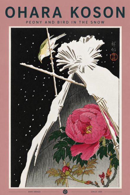 Ohara Koson Peony and Bird in the Snow No5 - Plakát