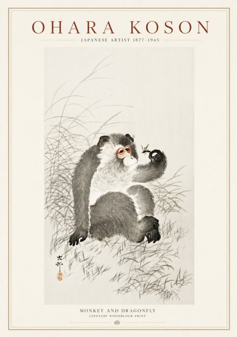 Ohara Koson Monkey and Dragonfly No1 - Plakát