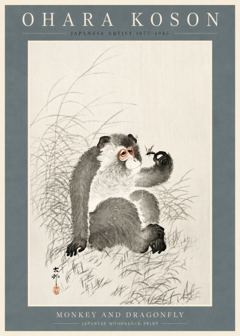Ohara Koson Monkey and Dragonfly No2 - Plakát