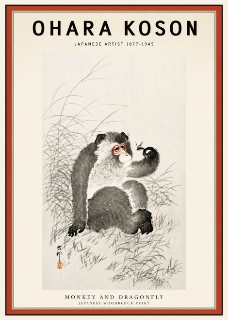 Ohara Koson Monkey and Dragonfly No3 - Plakát