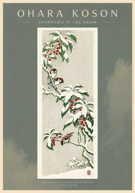 Ohara Koson Sparrows in the Snow No4 - Plakát