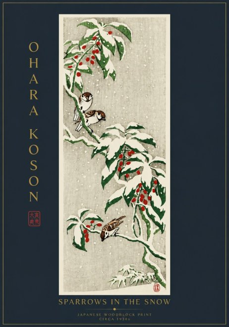 Ohara Koson Sparrows in the Snow No6 - Plakát