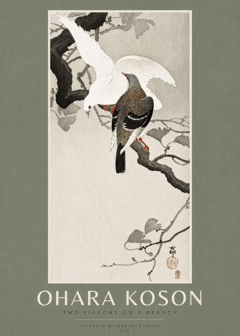 Ohara Koson Two Pigeons on a Branch No2 - Plakát