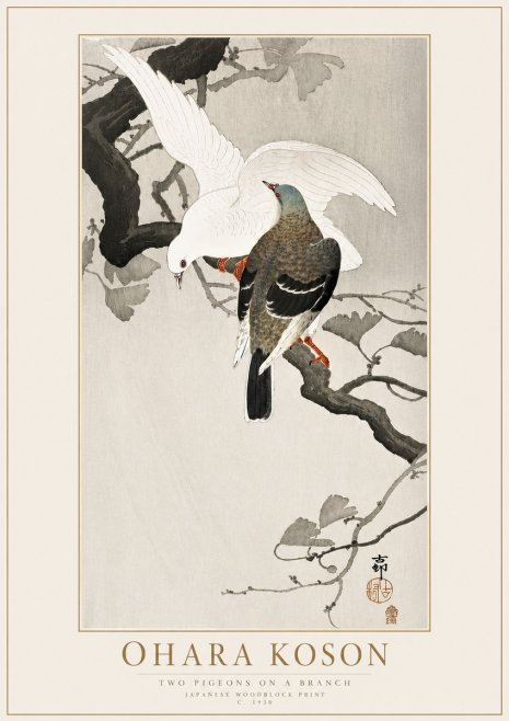 Ohara Koson Two Pigeons on a Branch No4 - Plakát