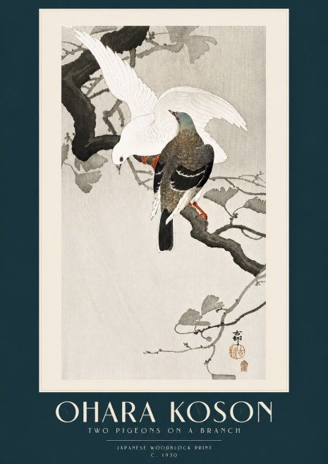 Ohara Koson Two Pigeons on a Branch No5 - Plakát