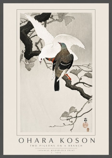 Ohara Koson Two Pigeons on a Branch No6 - Plakát