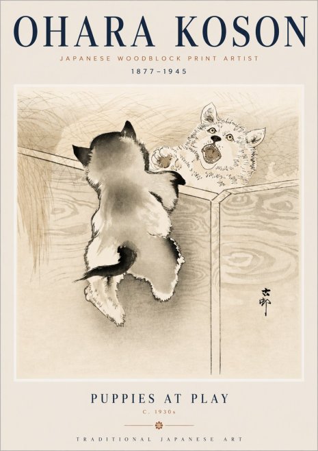 Ohara Koson Puppies at Play No3 - Plakát