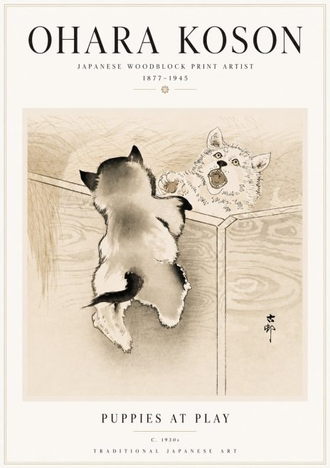 Ohara Koson Puppies at Play No5 - Plakát